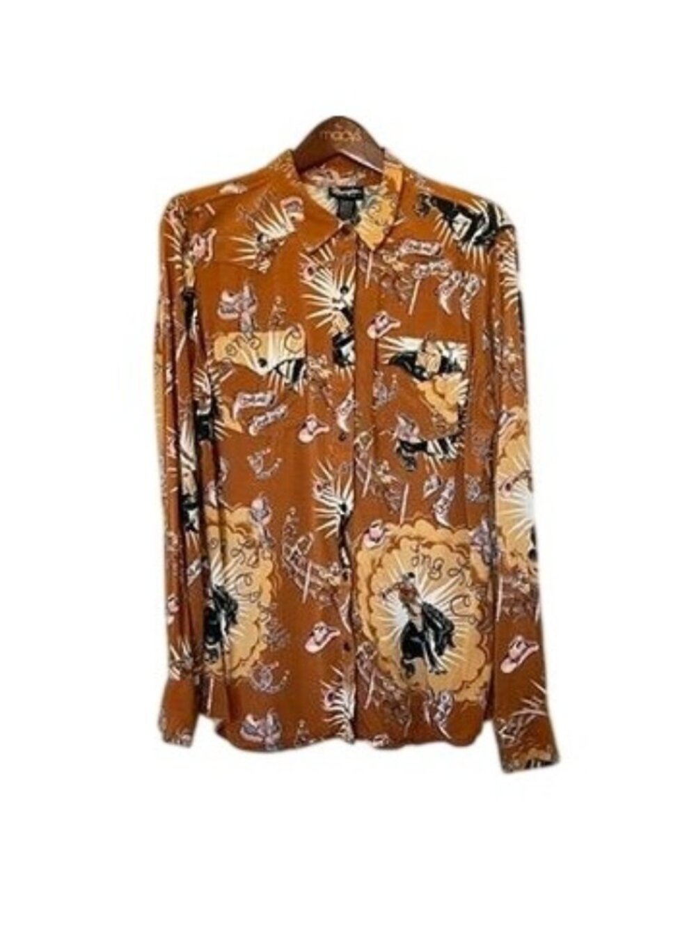 Wrangler Retro Womens Sz XL Western Snap Shirt Cowboy Print Festival Rodeo